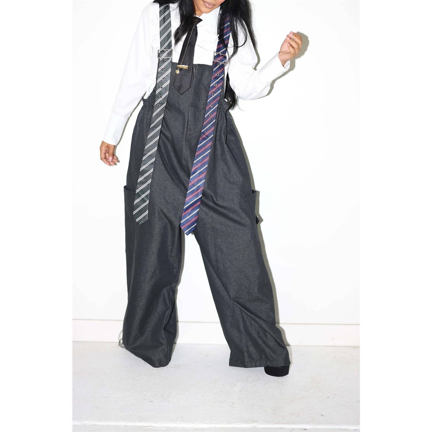 Stripe Tie Strap Detail Wide Leg Jumpsuit: BLACK / S-M-L(2-2-2)