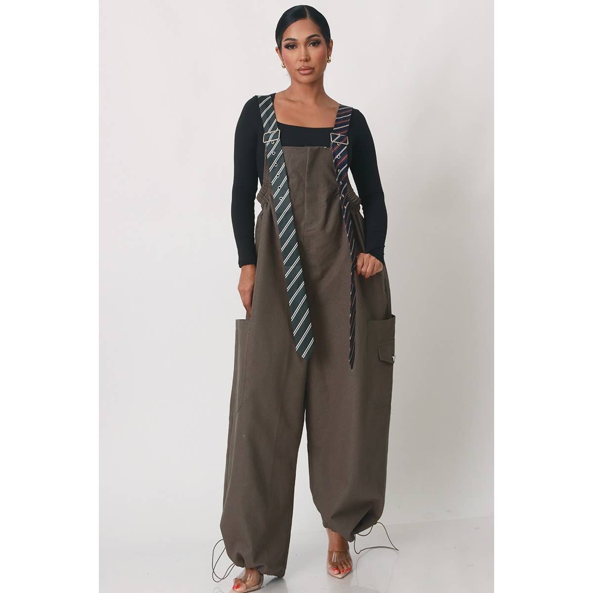 Stripe Tie Strap Detail Wide Leg Jumpsuit: TAUPE / S-M-L(2-2-2)