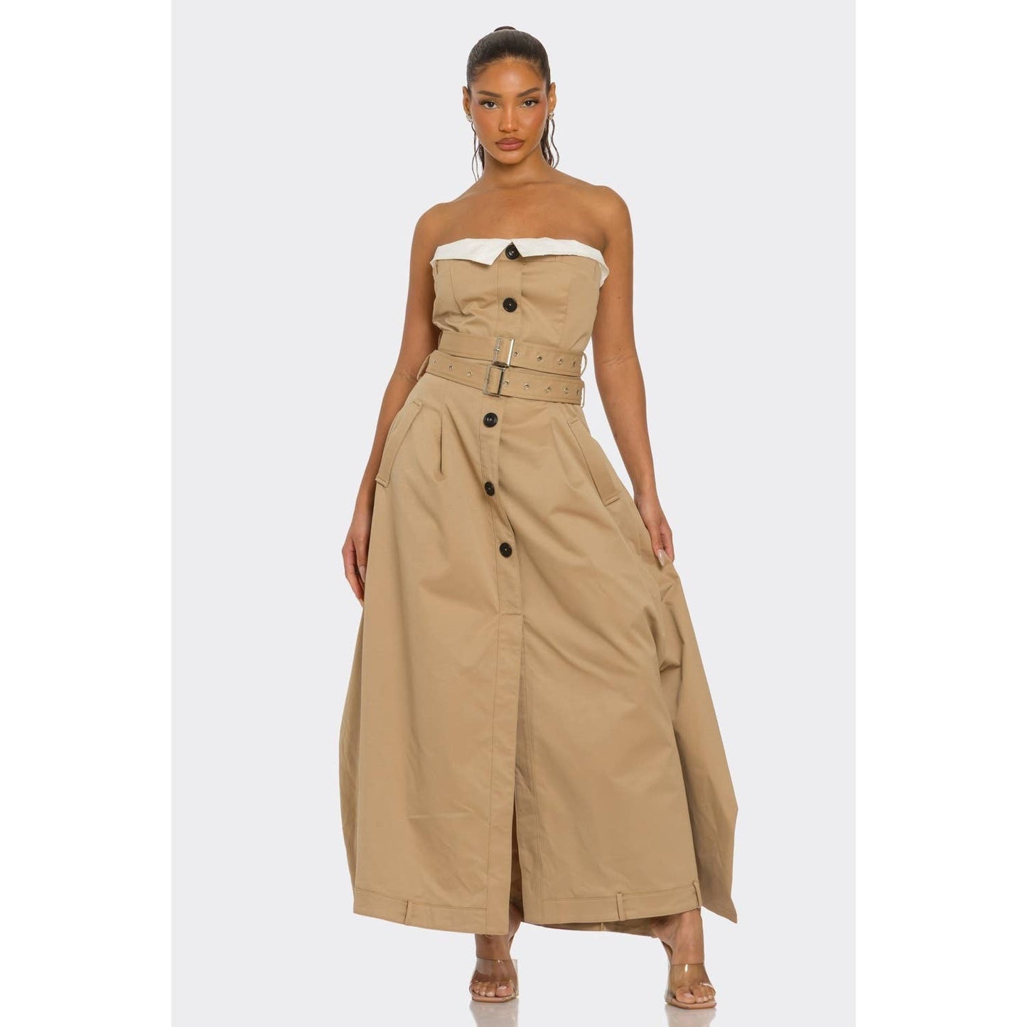 Chic Reinvented Trench Maxi Dress: KHAKI / S-M-L(1-1-1)
