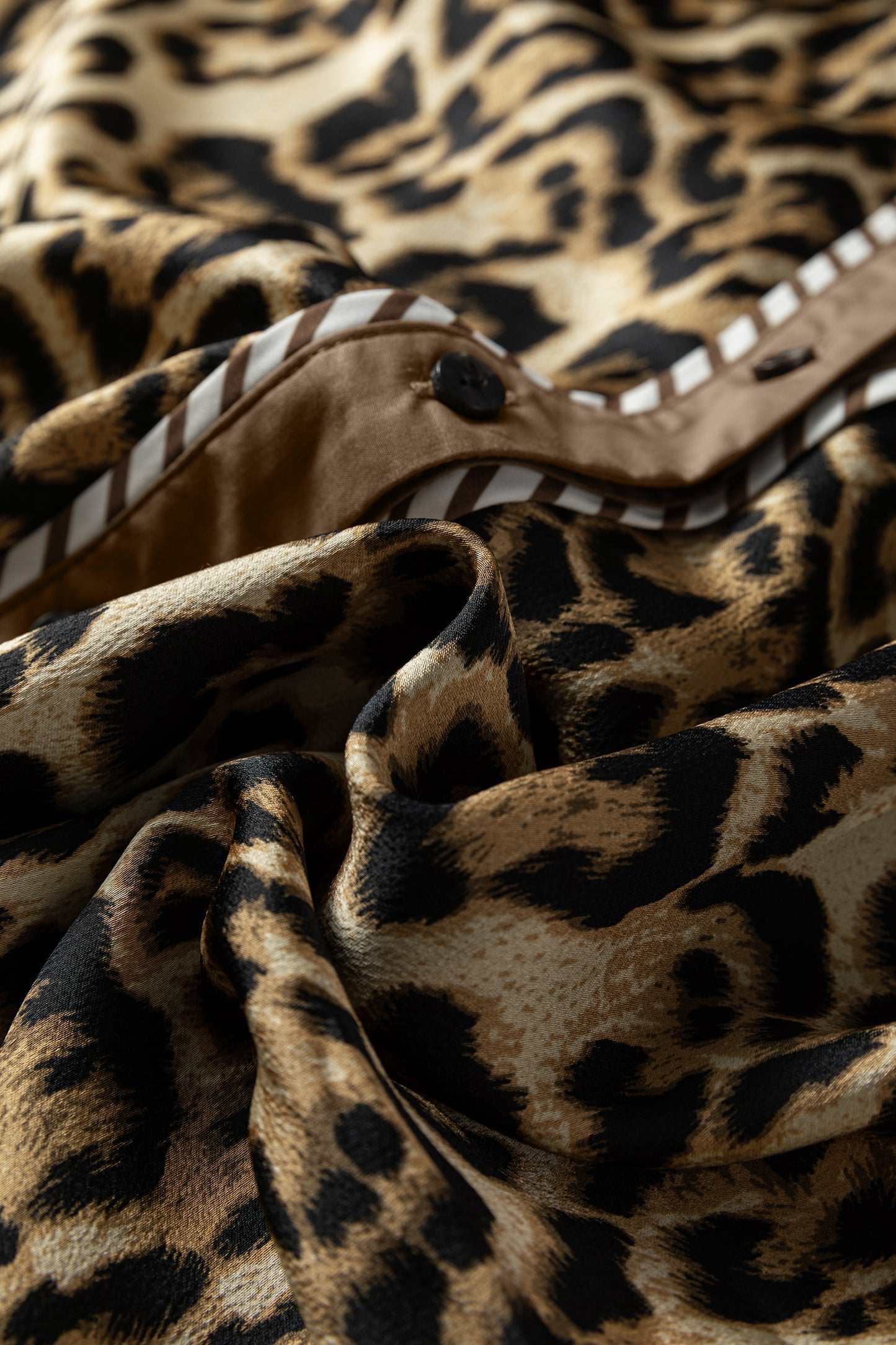 Brown Leopard Collared 3/4 Sleeve Shirt and Loose Pants Two Piece Outfit Set