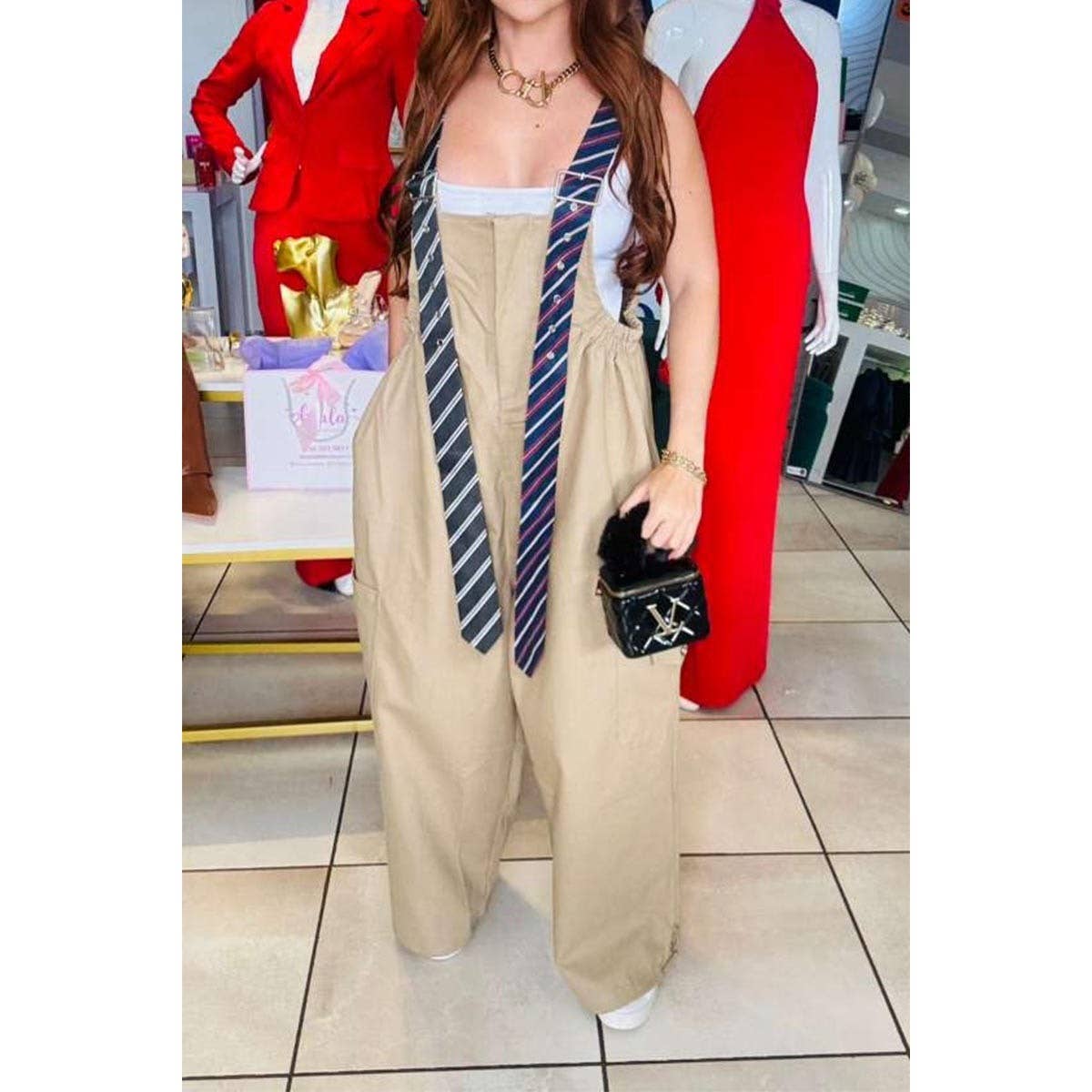 Stripe Tie Strap Detail Wide Leg Jumpsuit: BLACK / S-M-L(2-2-2)