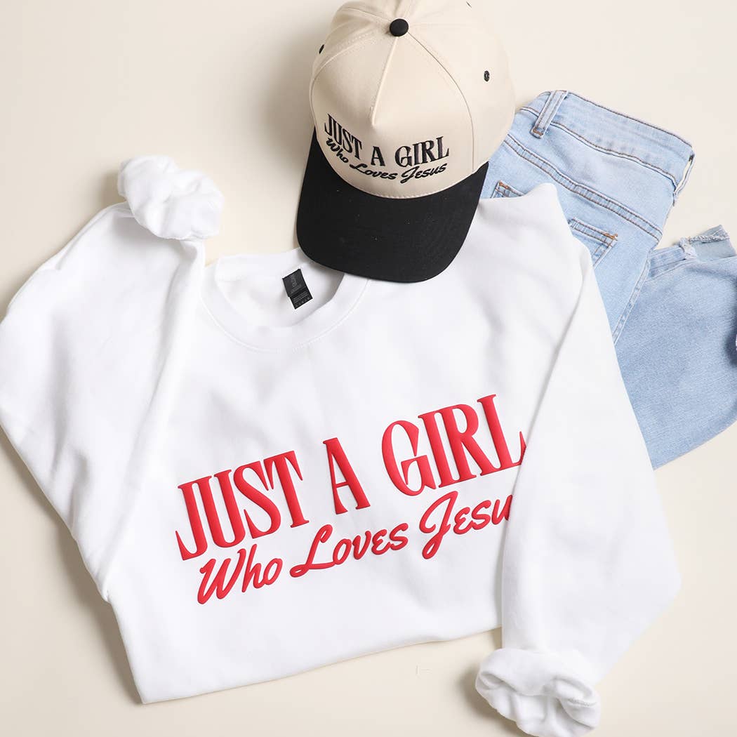 JUST A GIRL WHO LOVES JESUS PUFF MIDWEIGHT Sweatshirt: CEMENT / M