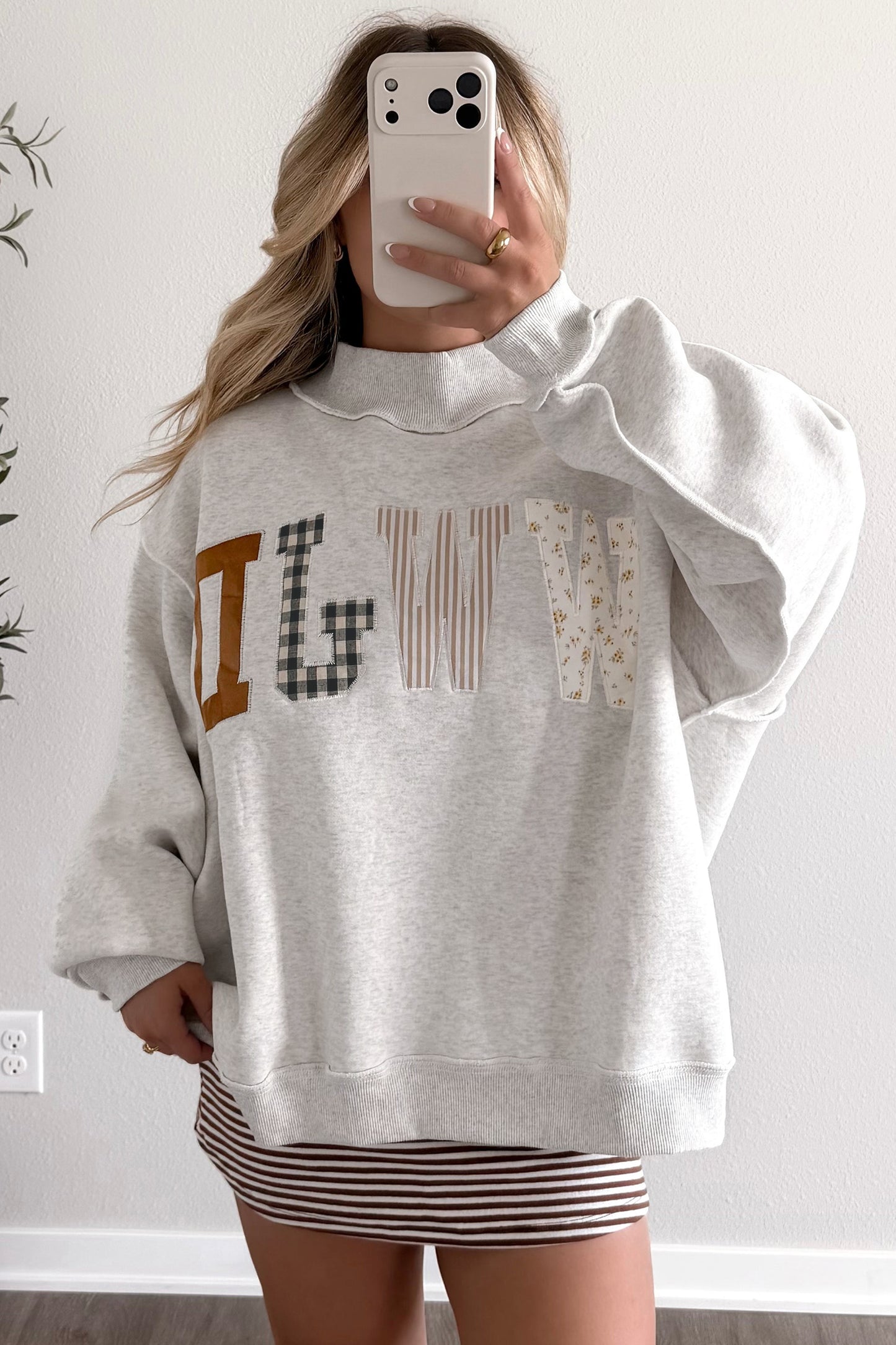 Bonbon WWJD Mixed Pattern Embroidered Patch Graphic Mock Neck Sweatshirt
