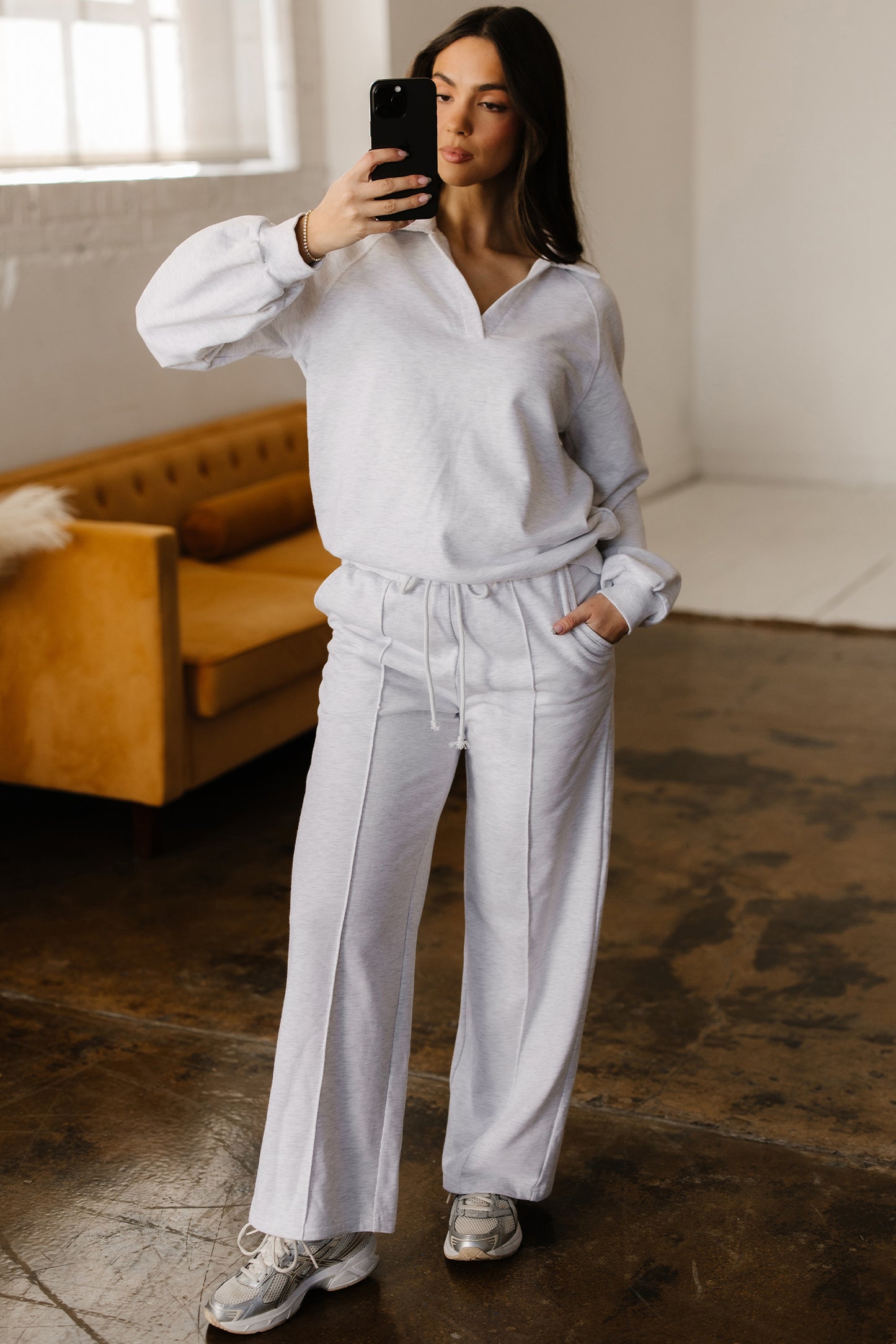 Light Grey Polo Collar V Neck Pullover and Drawstring Sweatpants Set