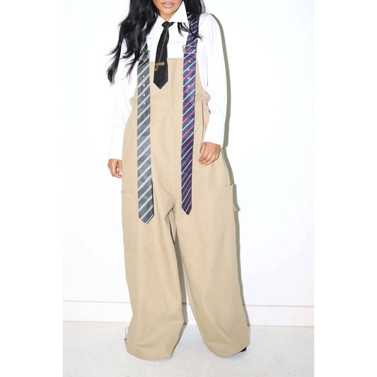 Stripe Tie Strap Detail Wide Leg Jumpsuit: TAUPE / S-M-L(2-2-2)