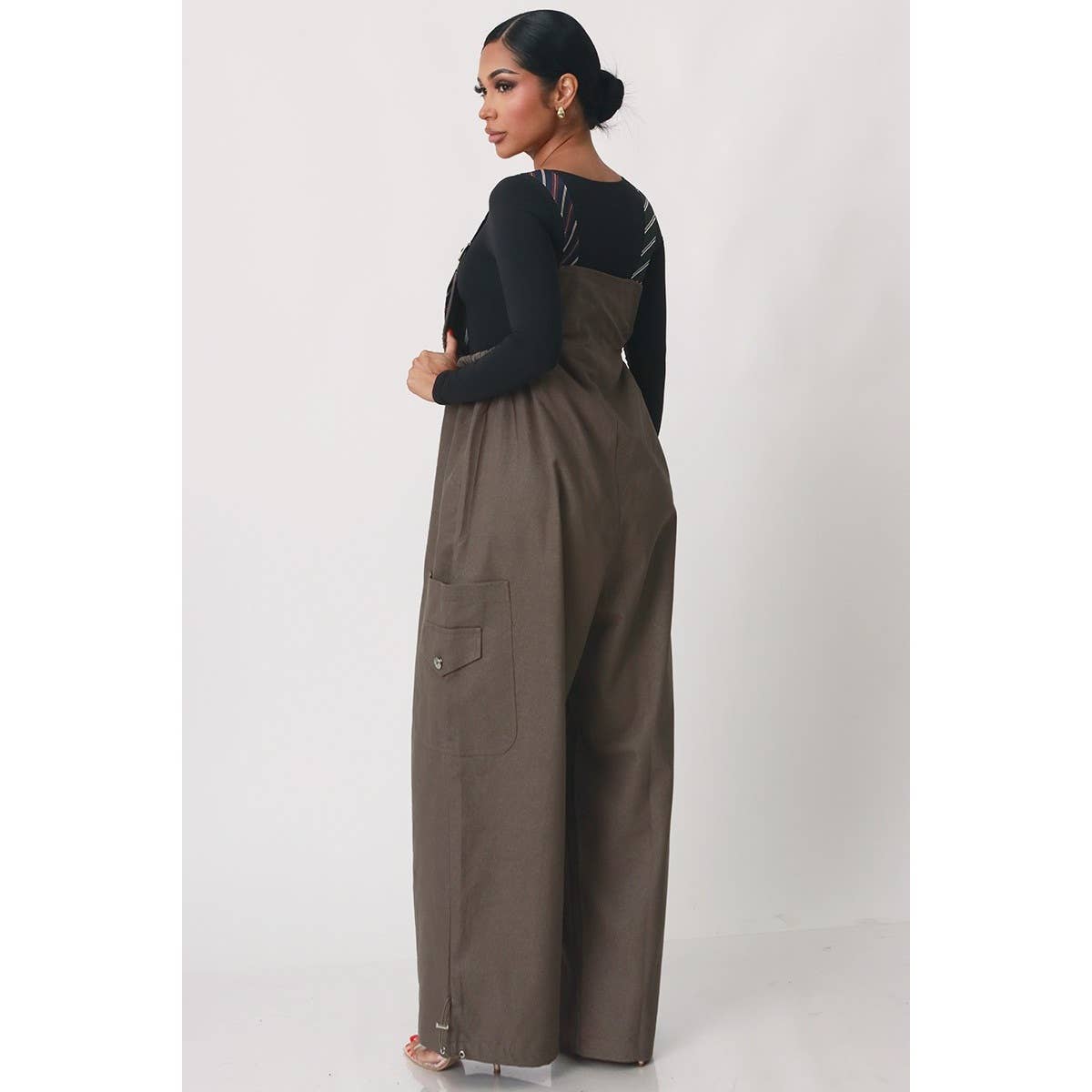 Stripe Tie Strap Detail Wide Leg Jumpsuit: TAUPE / S-M-L(2-2-2)