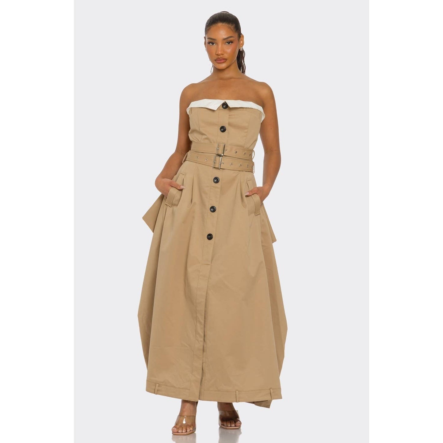 Chic Reinvented Trench Maxi Dress: KHAKI / S-M-L(1-1-1)