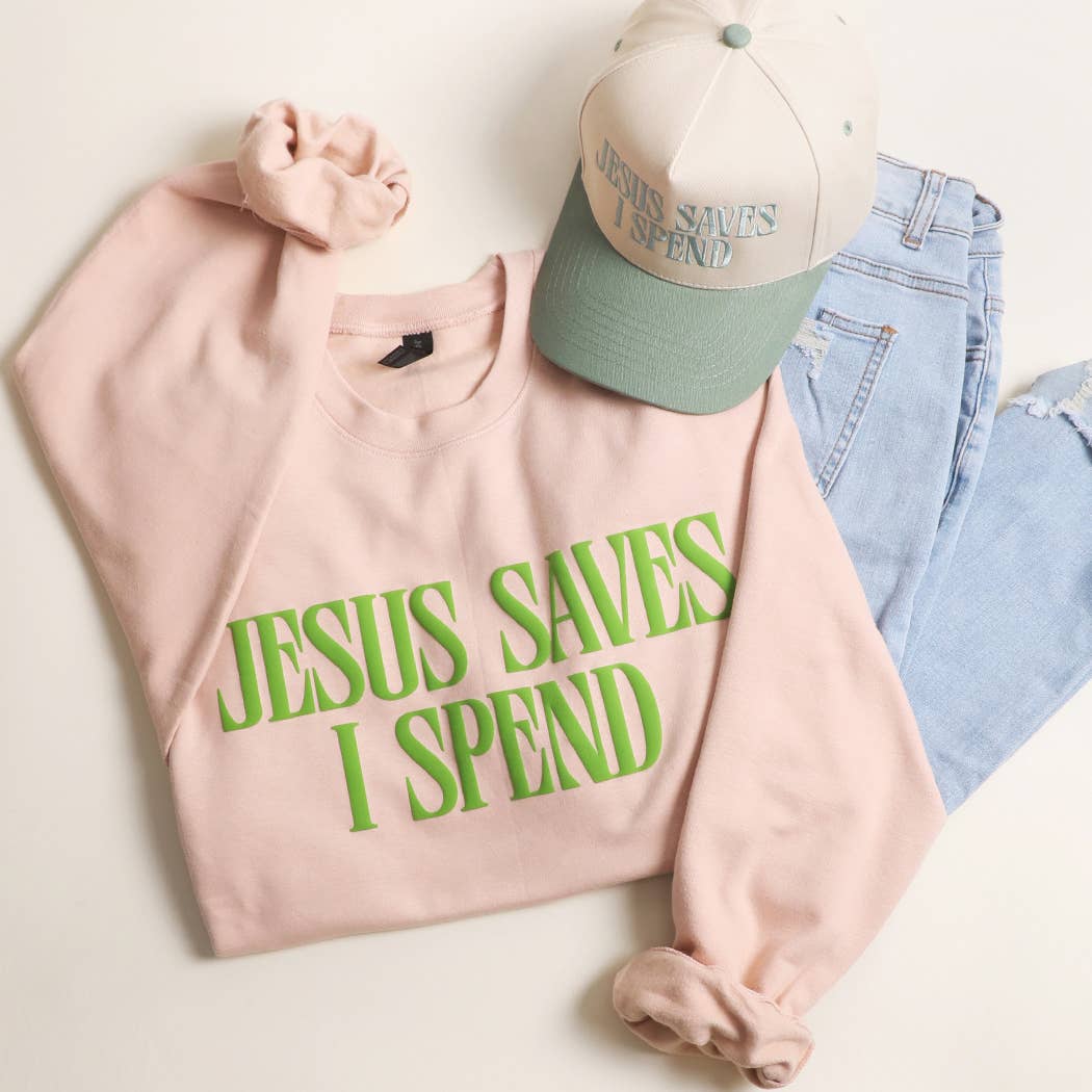 JESUS SAVES I SPEND PUFF MIDWEIGHT Sweatshirt: BROWN SAVANA / XL