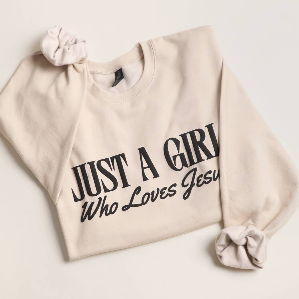 JUST A GIRL WHO LOVES JESUS PUFF MIDWEIGHT Sweatshirt: CEMENT / M