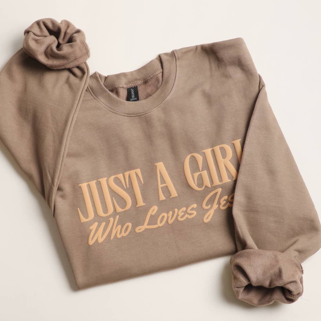 JUST A GIRL WHO LOVES JESUS PUFF MIDWEIGHT Sweatshirt: CEMENT / L