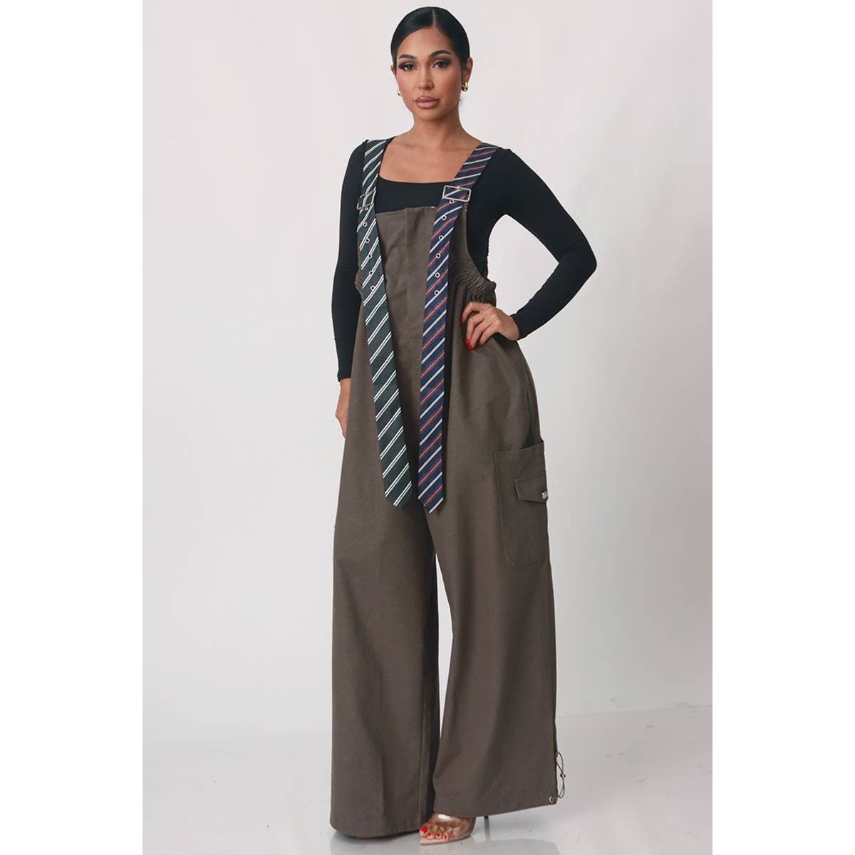 Stripe Tie Strap Detail Wide Leg Jumpsuit: BLACK / S-M-L(2-2-2)