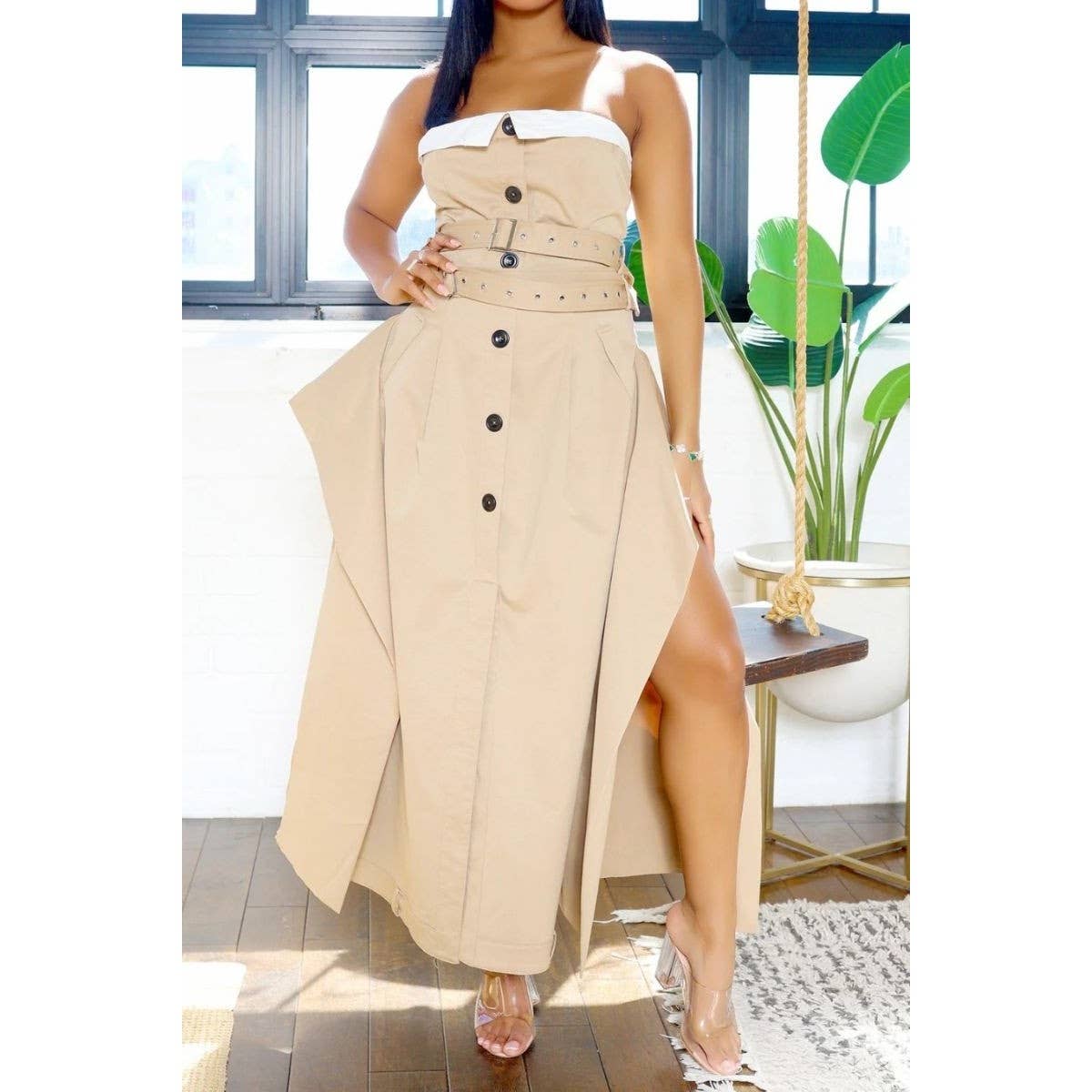 Chic Reinvented Trench Maxi Dress: KHAKI / S-M-L(1-1-1)