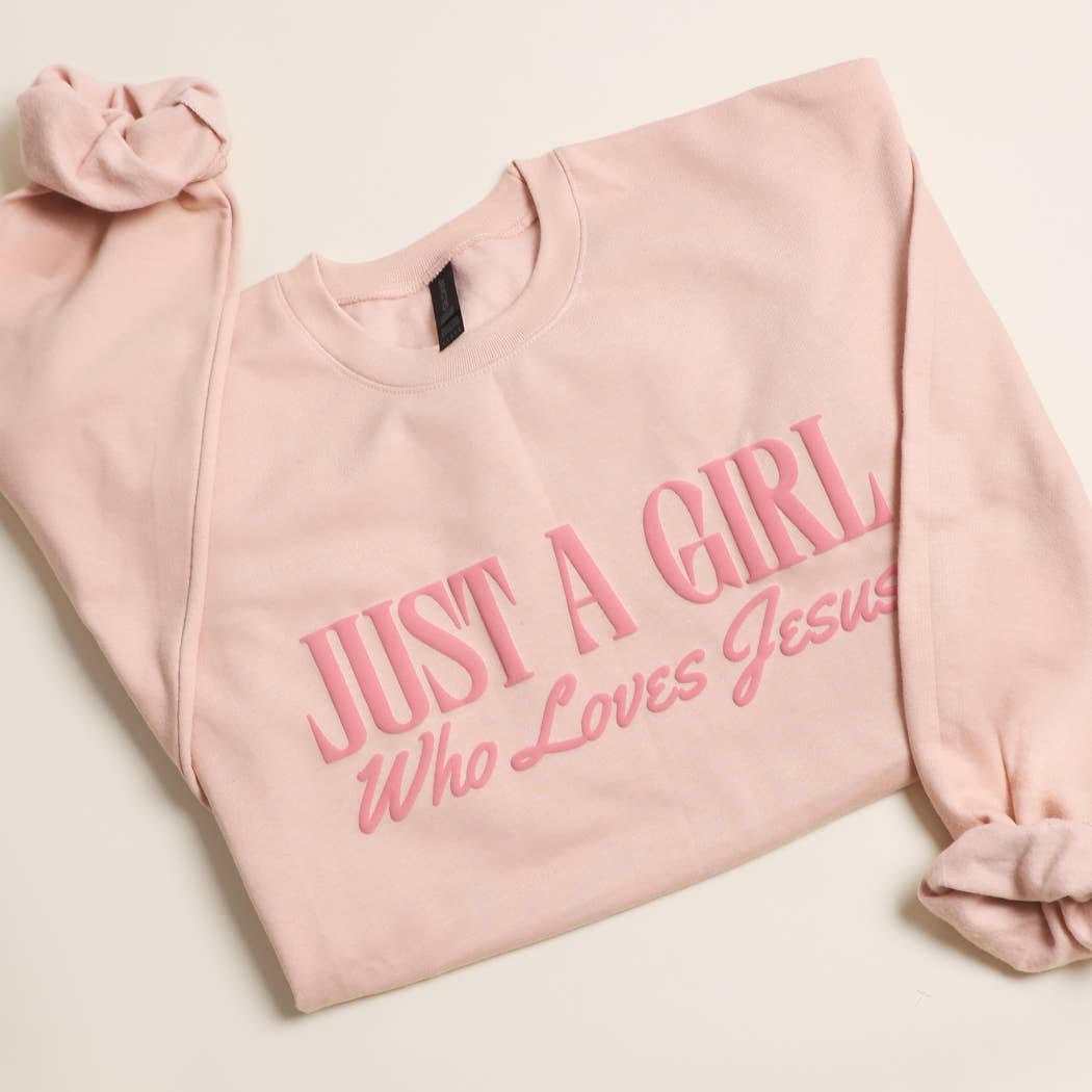 JUST A GIRL WHO LOVES JESUS PUFF MIDWEIGHT Sweatshirt: CEMENT / M