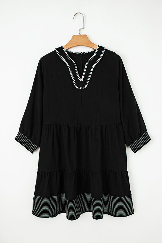 Black Contrast Stitched V Neck 3/4 Sleeve Tiered Mini Dress