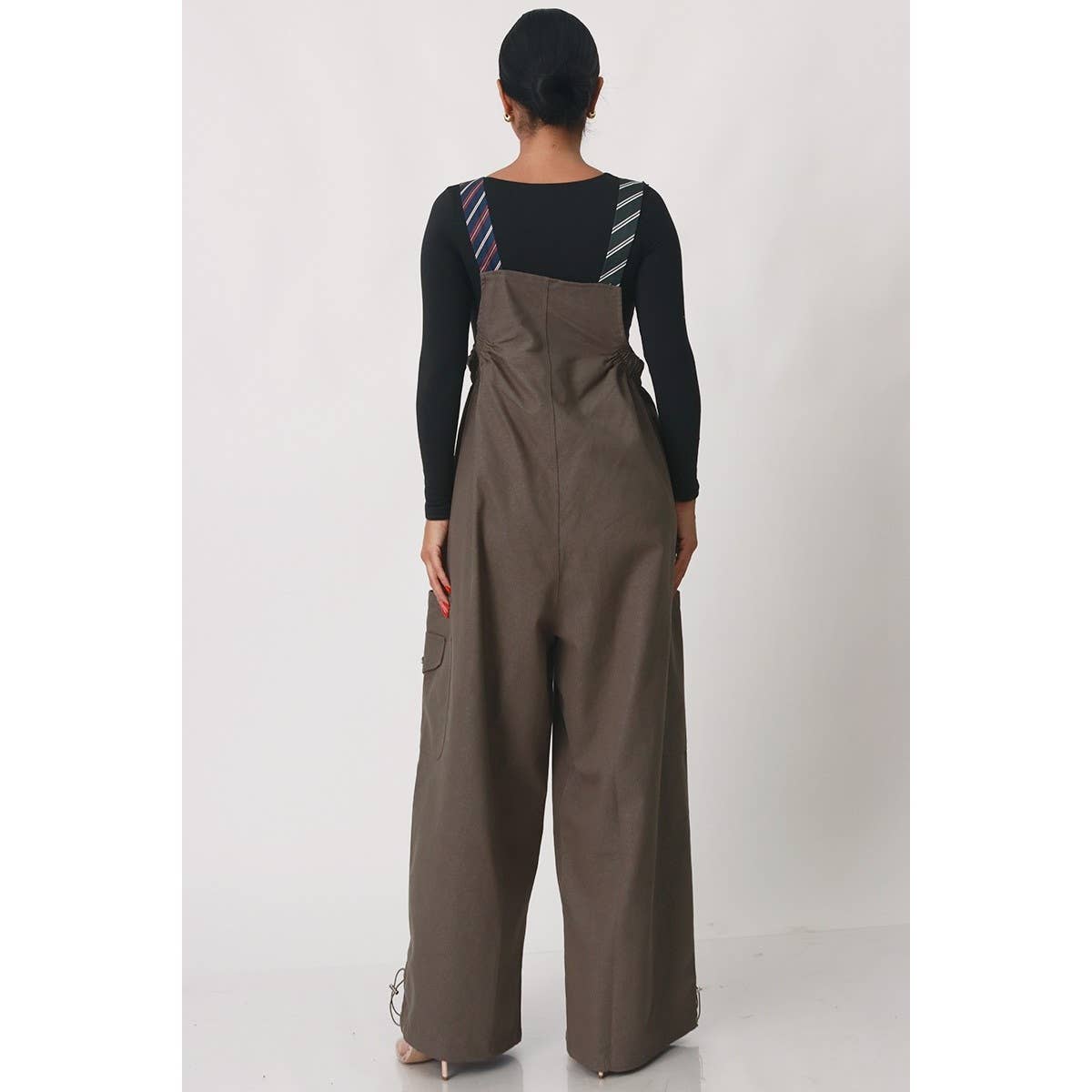 Stripe Tie Strap Detail Wide Leg Jumpsuit: TAUPE / S-M-L(2-2-2)