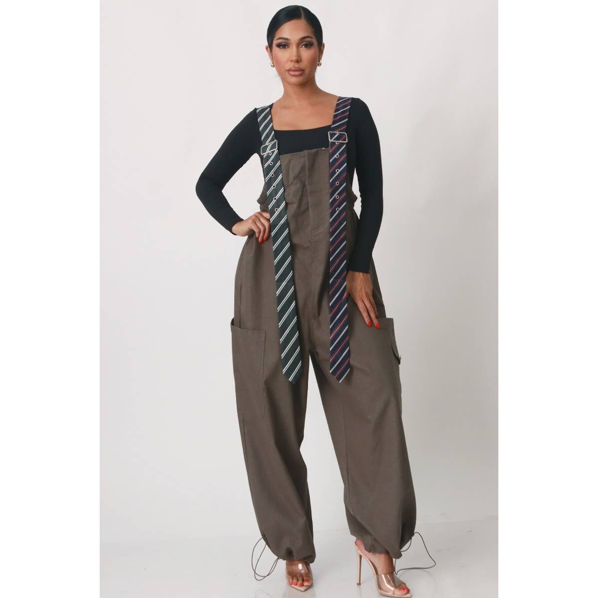 Stripe Tie Strap Detail Wide Leg Jumpsuit: BLACK / S-M-L(2-2-2)