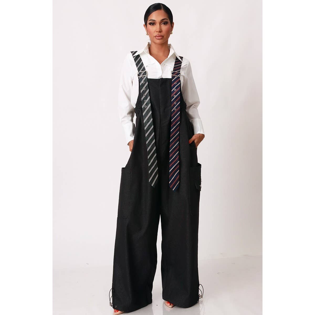 Stripe Tie Strap Detail Wide Leg Jumpsuit: TAUPE / S-M-L(2-2-2)