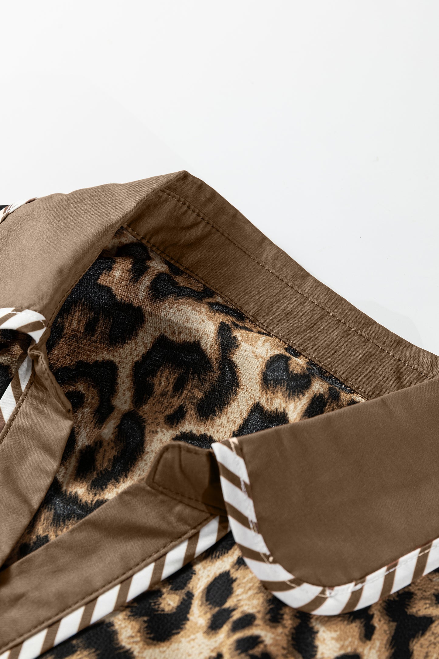 Brown Leopard Collared 3/4 Sleeve Shirt and Loose Pants Two Piece Outfit Set