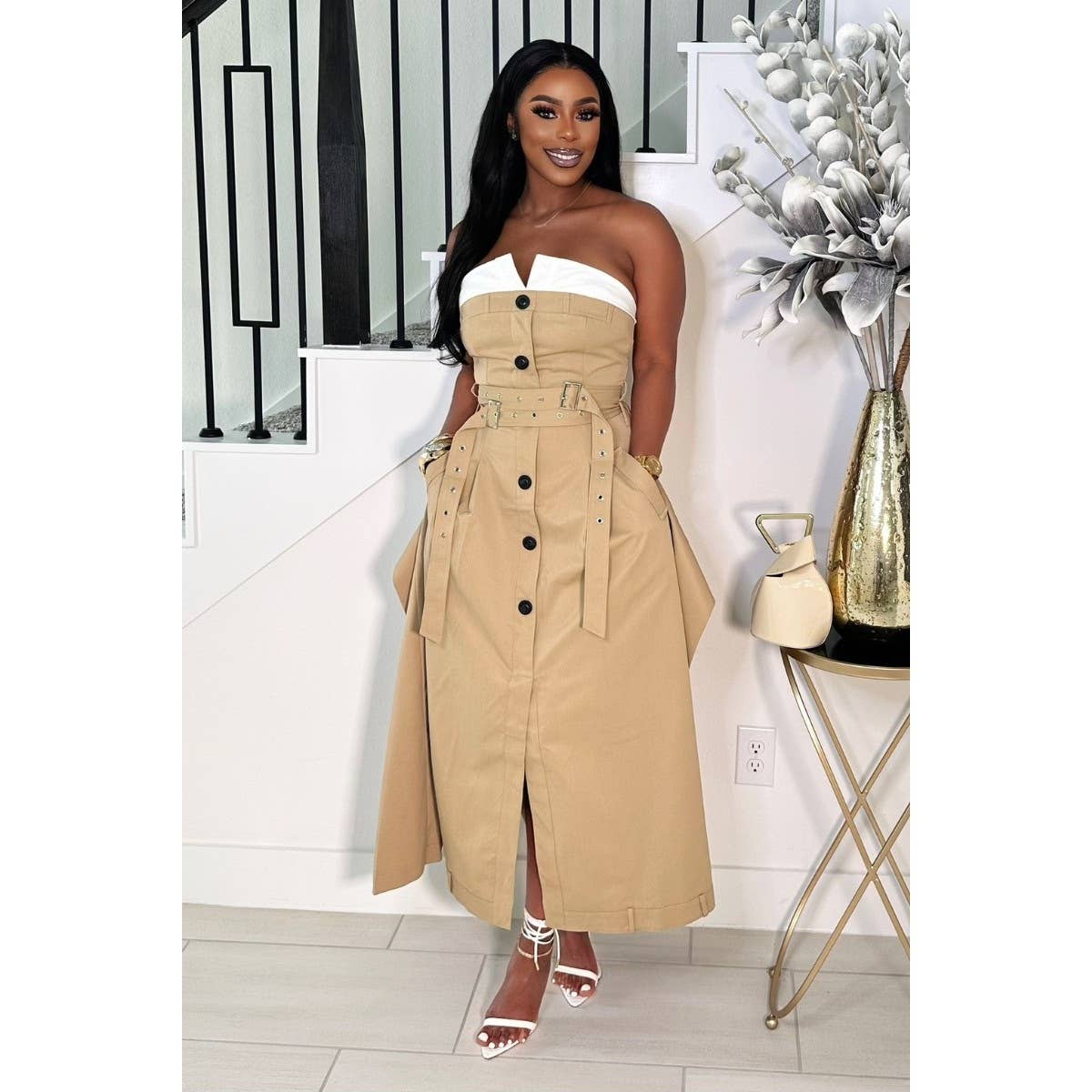 Chic Reinvented Trench Maxi Dress: KHAKI / S-M-L(1-1-1)