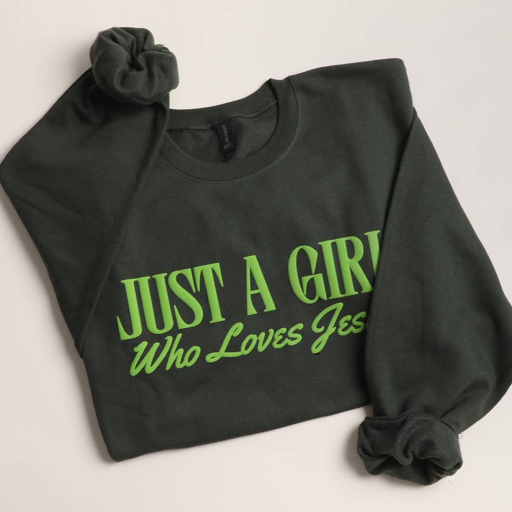 JUST A GIRL WHO LOVES JESUS PUFF MIDWEIGHT Sweatshirt: CEMENT / L