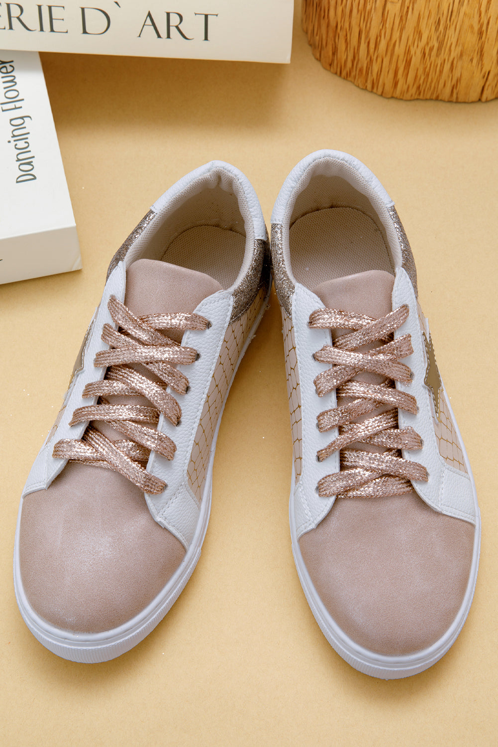 Dear Lover Gold Glitter Star Patchwork PU Leather Lace-up Sneakers