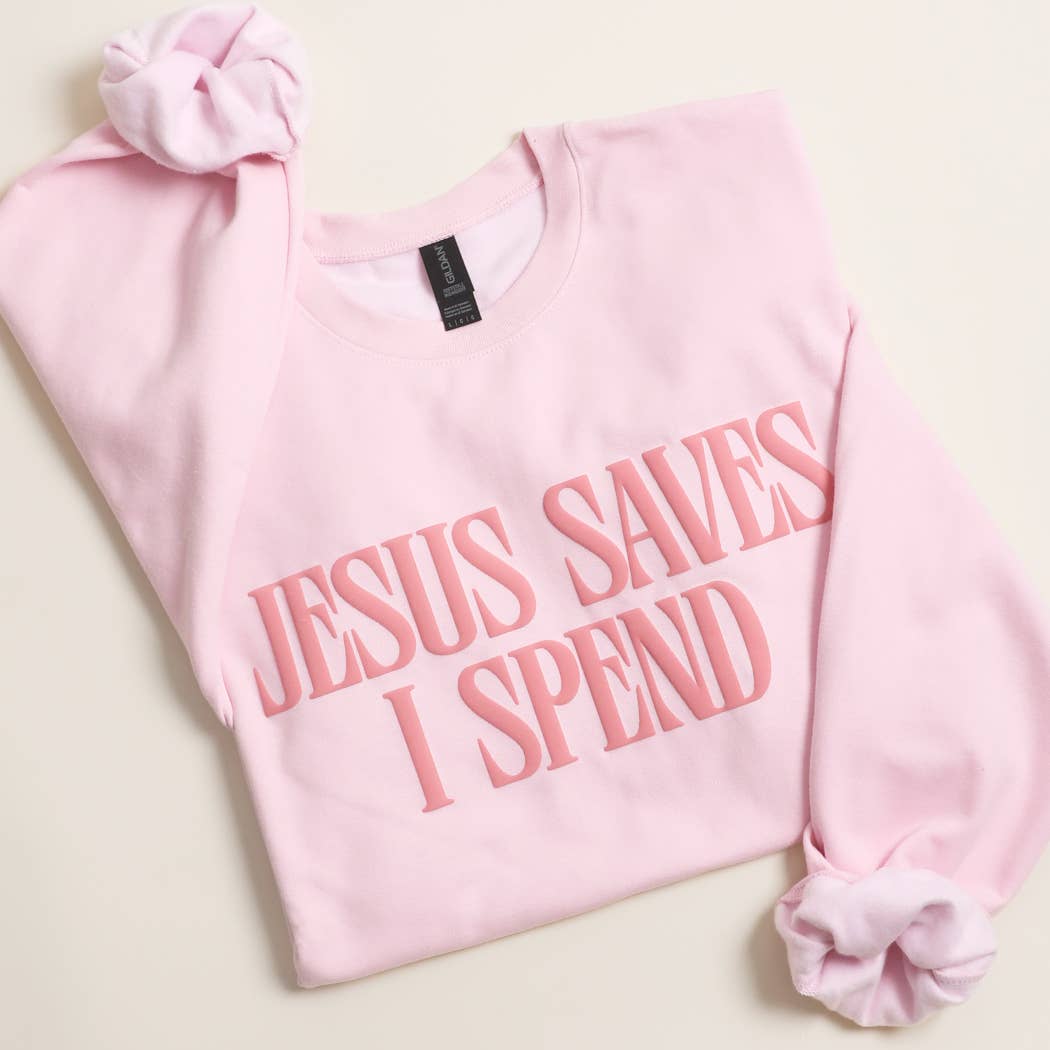 JESUS SAVES I SPEND PUFF MIDWEIGHT Sweatshirt: BROWN SAVANA / M