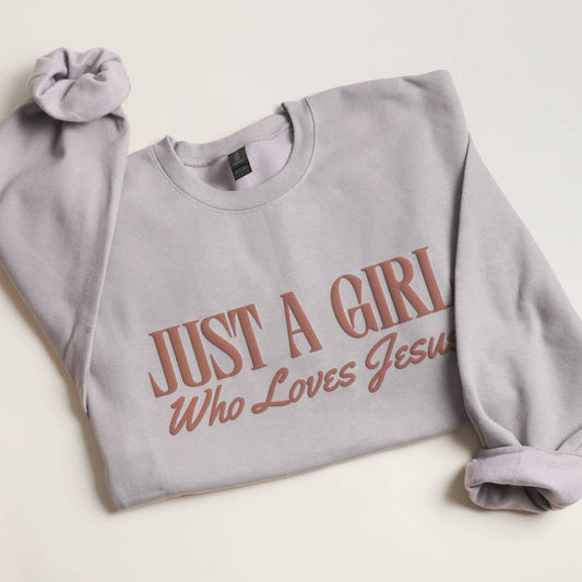 JUST A GIRL WHO LOVES JESUS PUFF MIDWEIGHT Sweatshirt: CEMENT / XL