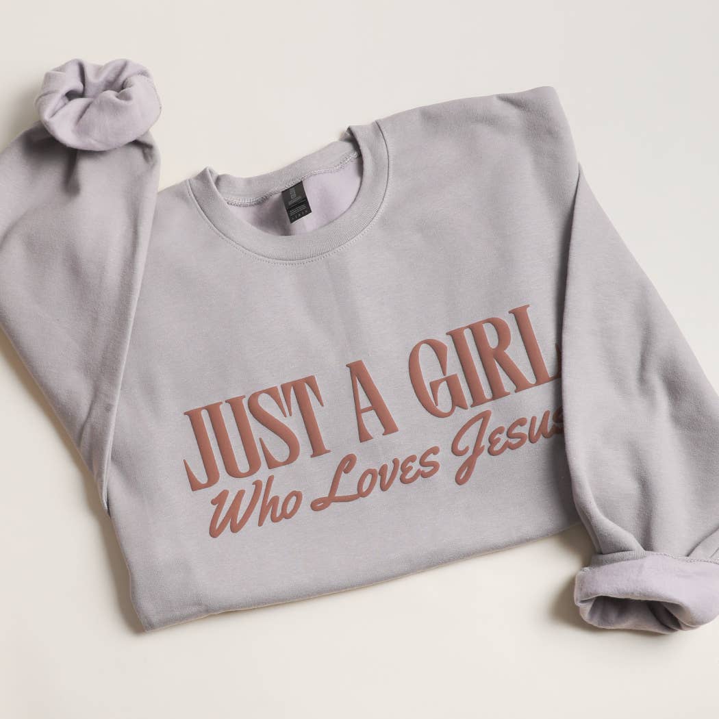 JUST A GIRL WHO LOVES JESUS PUFF MIDWEIGHT Sweatshirt: CEMENT / L