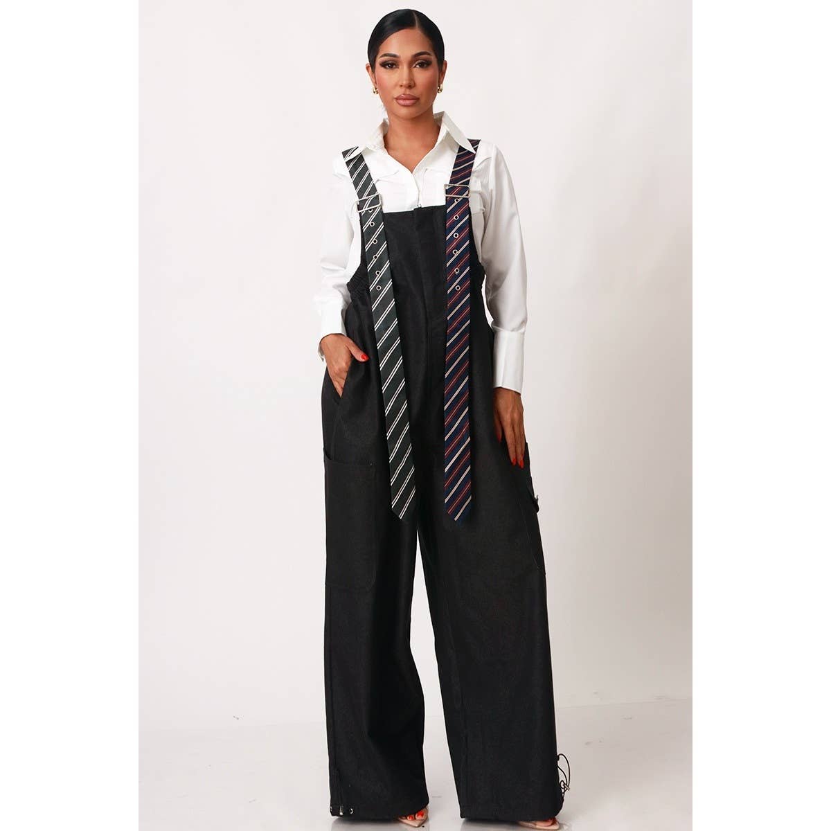 Stripe Tie Strap Detail Wide Leg Jumpsuit: BLACK / S-M-L(2-2-2)