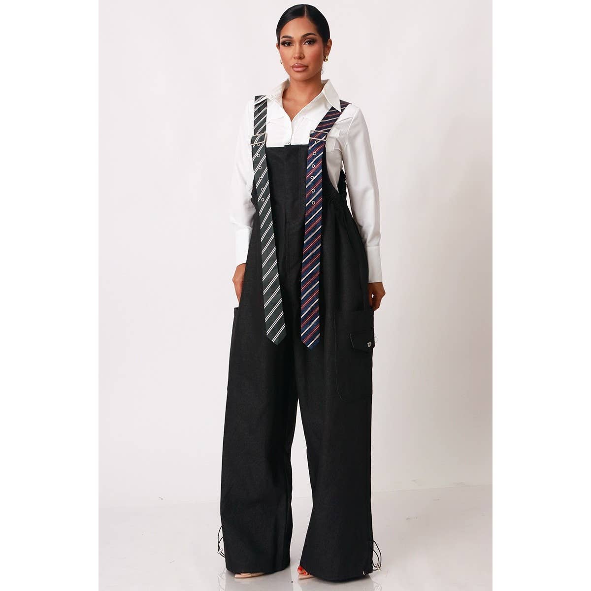 Stripe Tie Strap Detail Wide Leg Jumpsuit: BLACK / S-M-L(2-2-2)