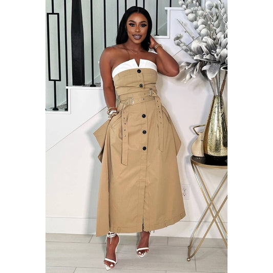 Chic Reinvented Trench Maxi Dress: KHAKI / S-M-L(1-1-1)